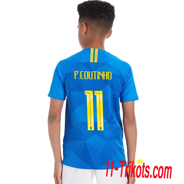 Beflockung Brasilien P.COUTINHO 11 Kurzarm Trikotsatz 2018/2019 Kinder Auswärtstrikot Blau Neuer