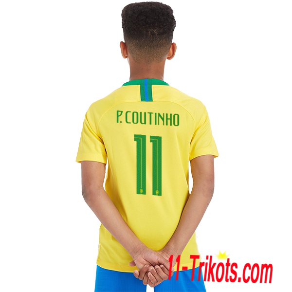 Beflockung Brasilien P.COUTINHO 11 Kurzarm Trikotsatz 2018/2019 Kinder Heimtrikot Gelb Neuer