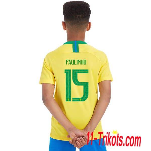 Beflockung Brasilien PAULINHO 15 Kurzarm Trikotsatz 2018/2019 Kinder Heimtrikot Gelb Neuer