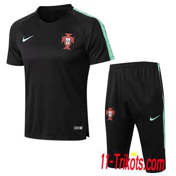 Neuestes Fussball Pre Match Portugal Trainingstrikot + 3/4 Hose Schwarz 2018/2019 | 11-trikots