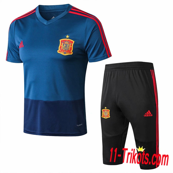 Neuestes Fussball Pre Match Spanien Trainingstrikot + 3/4 Hose Blau | 11-trikots