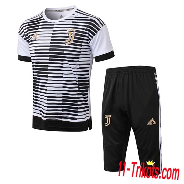 Neuestes Fussball Pre Match Juventus Trainingstrikot + 3/4 Hose Weiß/Schwarz 2018 2019 | 11-trikots