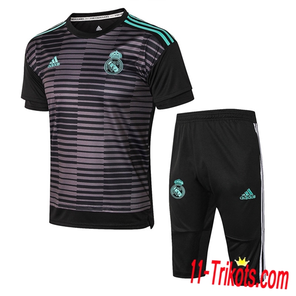 Neuestes Fussball Pre Match Real Madrid Trainingstrikot + 3/4 Hose Schwarz/Grau 2018 2019 | 11-trikots