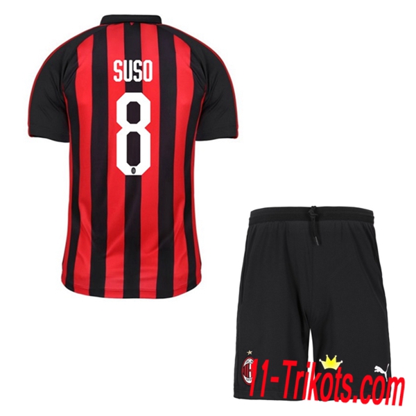 Beflockung AC Milan SUSO 8 Kurzarm Trikotsatz Kinder Heim Rot-Schwarz 2018 2019 Neuer