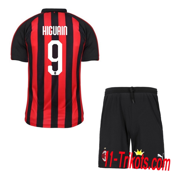 Beflockung AC Milan HIGUAIN 9 Kurzarm Trikotsatz Kinder Heim Rot-Schwarz 2018 2019 Neuer