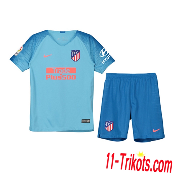 Beflockung Atletico Madrid Kurzarm Trikotsatz Kinder Auswärts Blau 2018 2019 Neuer