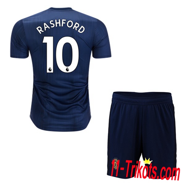 Beflockung Manchester United 10 Rashford Kurzarm Trikotsatz Kinder Third Marineblau 2018 2019 Neuer