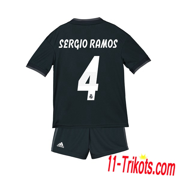 Beflockung FC Real Madrid SERGIO RAMOS 4 Kurzarm Trikotsatz Kinder Auswärts Schwarz 2018 2019 Neuer