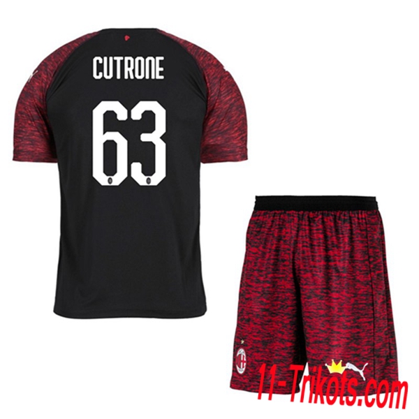 Spielername | Neues AC Milan Kinder Third Trikot CUTRONE 63 Schwarz 2018-19 Kurzarm