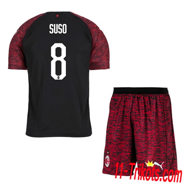 Spielername | Neues AC Milan Kinder Third Trikot SUSO 8 Schwarz 2018-19 Kurzarm