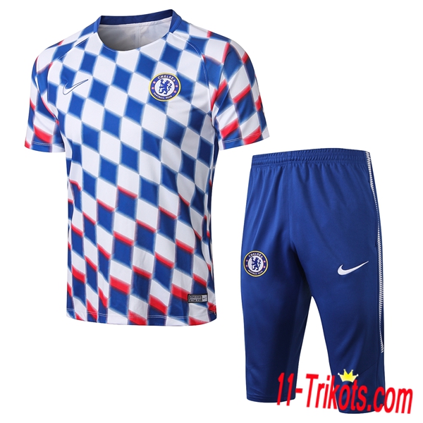 Neuestes Fussball Pre Match FC Chelsea Trainingstrikot + 3/4 Hose Blau/Weiß 2018 2019 | 11-trikots