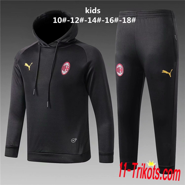 Neuestes Fussball AC Milan Kinder Trainingsanzug mit Kapuze Schwarz 2018 2019 | 11-trikots