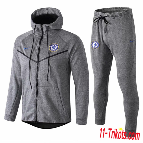 Neuestes Fussball FC Chelsea Trainingsanzug Jacke mit Kapuze Grau 2018 2019 | 11-trikots