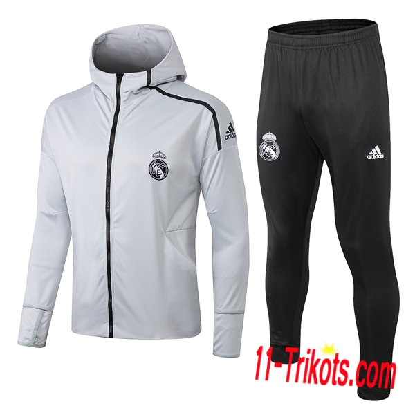 Neuestes Fussball Real Madrid Trainingsanzug Jacke mit Kapuze Hellgrau 2019 2020 | 11-trikots