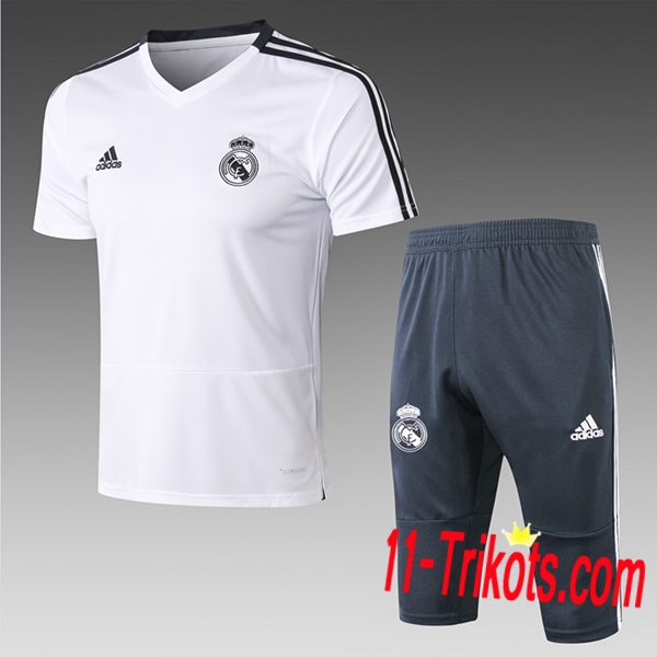 Neuestes Fussball Pre Match Real Madrid Trainingstrikot + 3/4 Hose Weiß 2019 2020 | 11-trikots