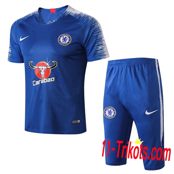 Neuestes Fussball Pre Match FC Chelsea Trainingstrikot + 3/4 Hose Blau 2019 2020 | 11-trikots