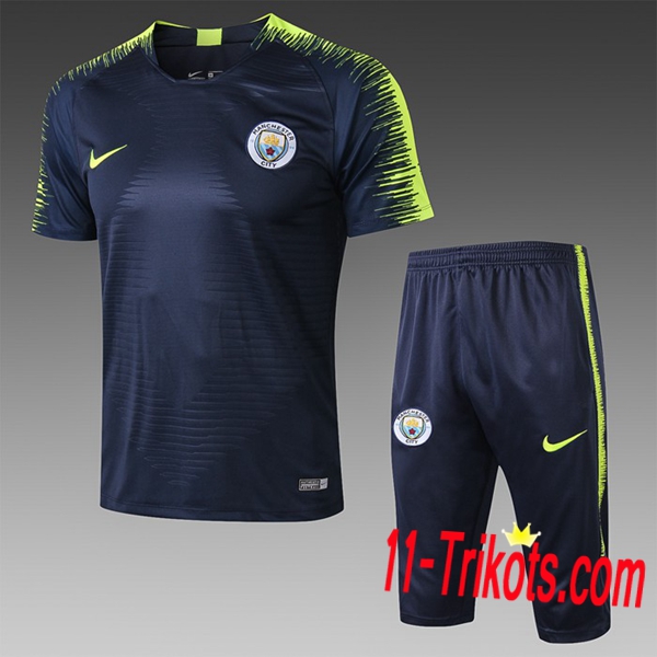 Neuestes Fussball Pre Match Manchester City Trainingstrikot + 3/4 Hose Dunkelblau 2019 2020 | 11-trikots