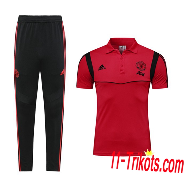 Neuestes Fussball Manchester United Poloshirt + Hose Rot/Schwarz 2019 2020 | 11-trikots