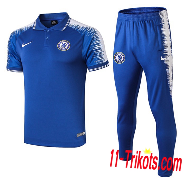 Neuestes Fussball FC Chelsea Poloshirt + Hose Blau/Weiß 2019 2020 | 11-trikots