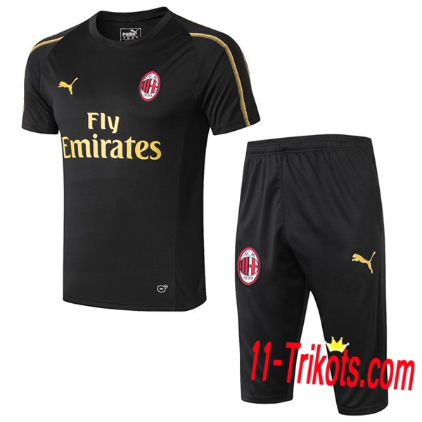 Neuestes Fussball Pre Match Training AC Milan Trainingstrikot + 3/4 Hose Schwarz 2019 2020 | 11-trikots