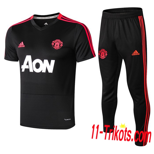 Neuestes Fussball Pre Match Training Manchester United Trainingstrikot + 3/4 Hose Schwarz 2019 2020 | 11-trikots