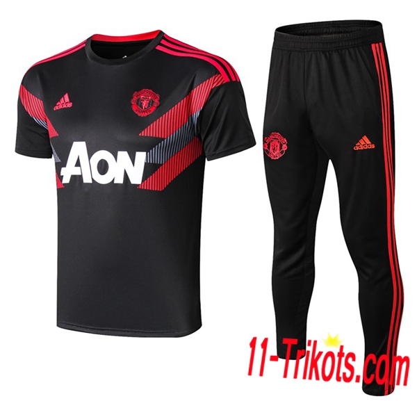 Neuestes Fussball Pre Match Training Manchester United Trainingstrikot + 3/4 Hose Schwarz/Rot 2019 2020 | 11-trikots