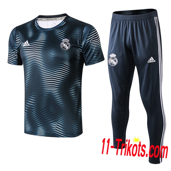 Neuestes Fussball Pre Match Training Real Madrid Trainingstrikot + 3/4 Hose Ondulation Blau 2019 2020 | 11-trikots