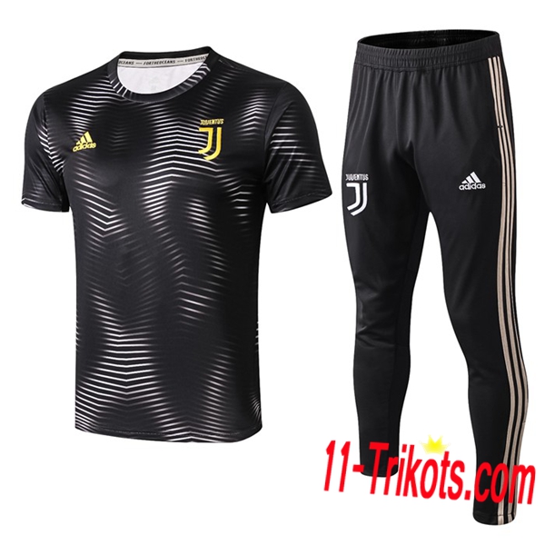 Neuestes Fussball Pre Match Training Juventus Trainingstrikot + 3/4 Hose Ondulation Schwarz 2019 2020 | 11-trikots