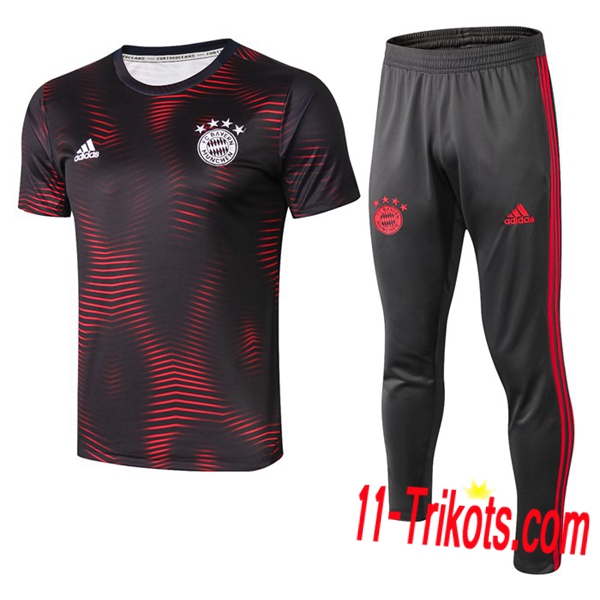 Neuestes Fussball Pre Match Training Bayern München Trainingstrikot + 3/4 Hose Rot/Schwarz 2019 2020 | 11-trikots