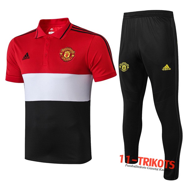 Neuestes Fussball Manchester United Poloshirt + Hose Weiß/Schwarz/Rot 2019 2020 | 11-trikots