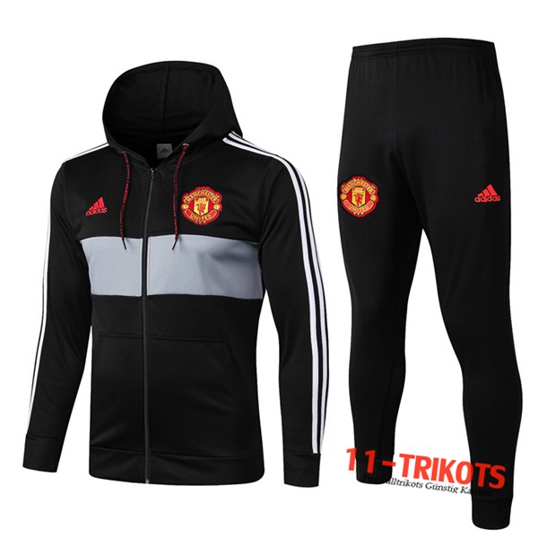 Neuestes Fussball Manchester United Trainingsanzug Jacke mit Kapuze Schwarz/Grau 2019 2020 | 11-trikots