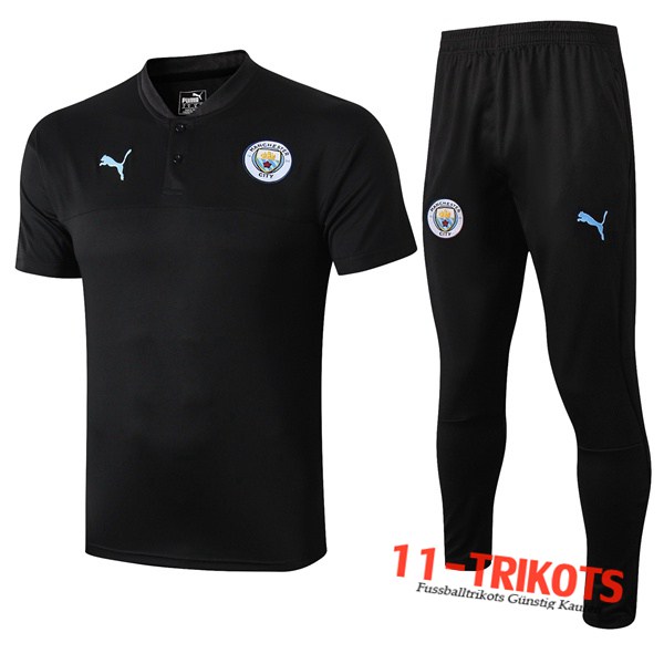 Neuestes Fussball Manchester City Poloshirt + Hose Schwarz 2019/2020