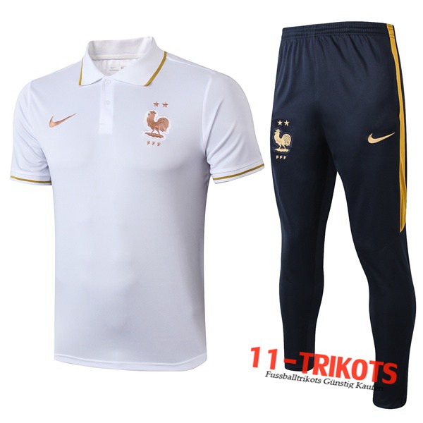 Neuestes Fussball Frankreich Poloshirt + Hose Weiß 2019/2020