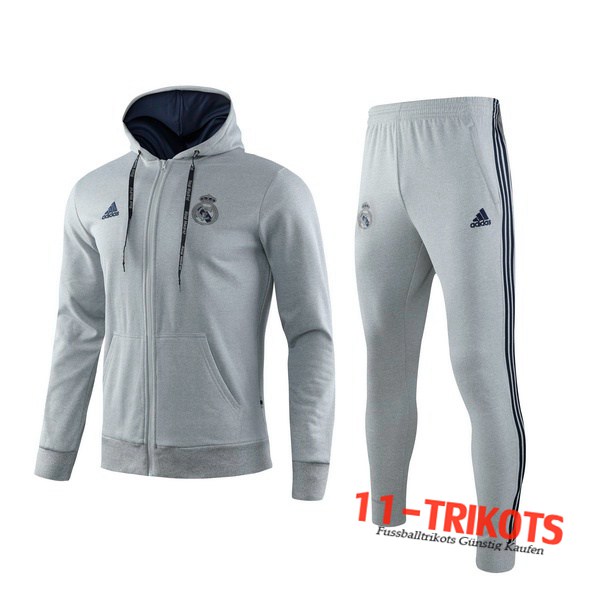 Neuestes Fussball Real Madrid Trainingsanzug Jacke mit Kapuze Grau 2019 2020 | 11-trikots