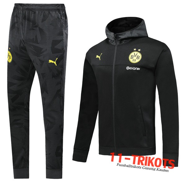 Neuestes Fussball Dortmund BVB Trainingsanzug Jacke mit Kapuze Schwarz 2019 2020 | 11-trikots