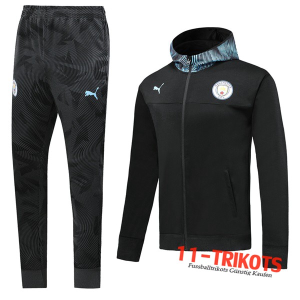 Neuestes Fussball Manchester City Trainingsanzug Jacke mit Kapuze Schwarz 2019 2020 | 11-trikots