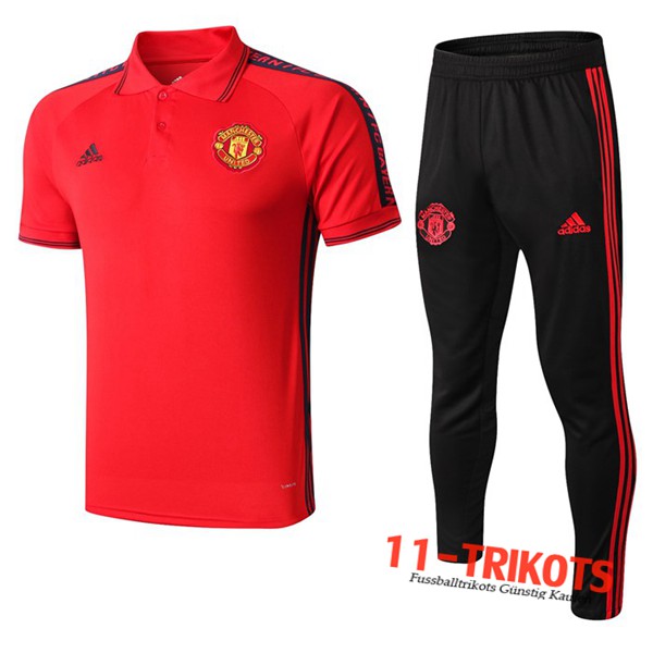 Neuestes Fussball Manchester United Poloshirt + Hose Rot Schwarz 2019 2020 | 11-trikots