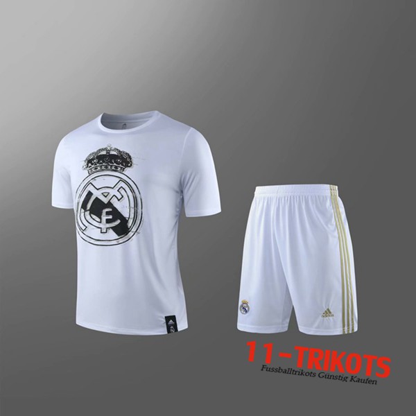 Neuestes Fussball T-Shirts Real Madrid Trainingstrikot + Shorts Kinder Weiß 2019 2020 | 11-trikots