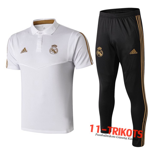 Neuestes Fussball Real Madrid Poloshirt + Hose Weiß Gelb 2019 2020 | 11-trikots