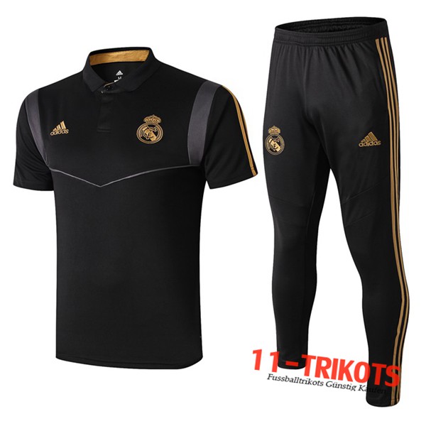 Neuestes Fussball Real Madrid Poloshirt + Hose Schwarz Grau 2019 2020 | 11-trikots