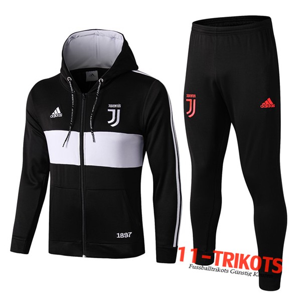Neuestes Fussball Juventus Trainingsanzug Jacke mit Kapuze Schwarz Weiß 2019 2020 | 11-trikots