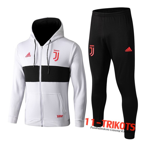 Neuestes Fussball Juventus Trainingsanzug Jacke mit Kapuze Weiß Schwarz 2019 2020 | 11-trikots