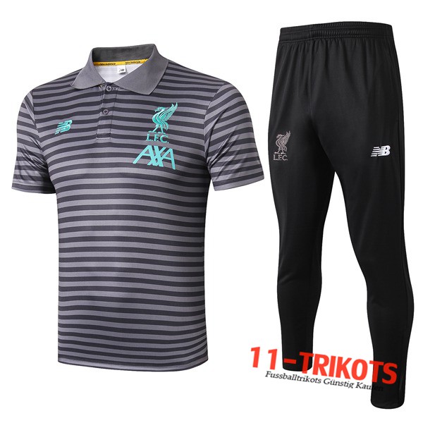 Neuestes Fussball FC Liverpool Poloshirt + Hose Grau Dunkel Stripe 2019 2020 | 11-trikots
