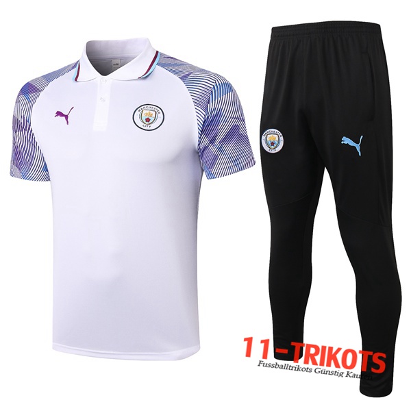 Neuestes Fussball Manchester City Poloshirt + Hose Weiß/Violet 2020/2021