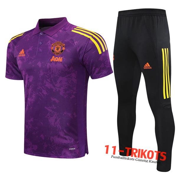 Neuestes Fussball Manchester United Poloshirt + Hose Violet/Gelb 2020/2021