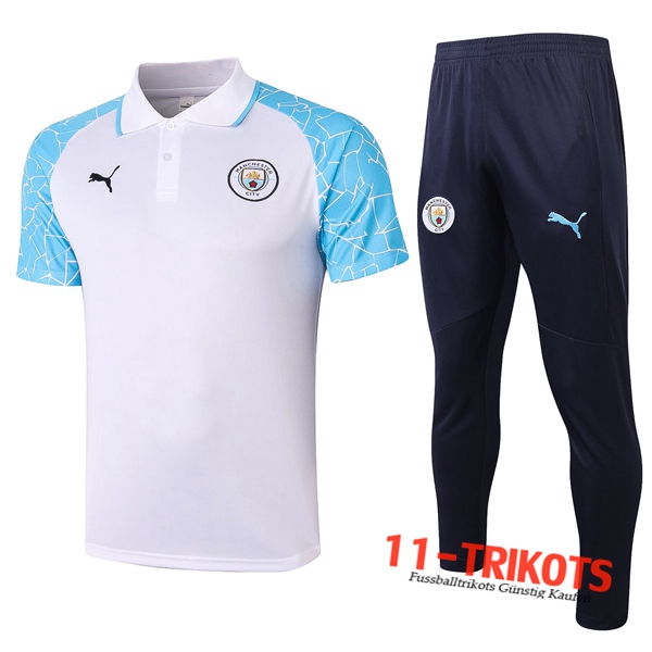Neuestes Fussball Manchester City Poloshirt + Hose Weiß 2020/2021