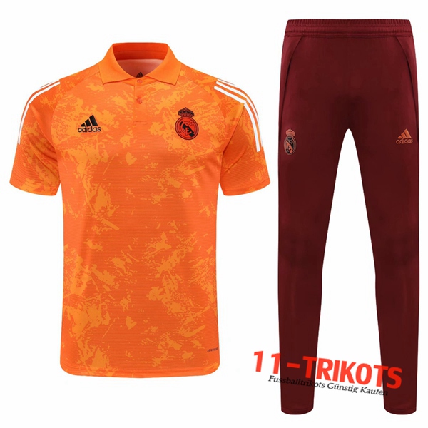 Neuestes Fussball Real Madrid Poloshirt + Hose Orange/Weiß 2020/2021