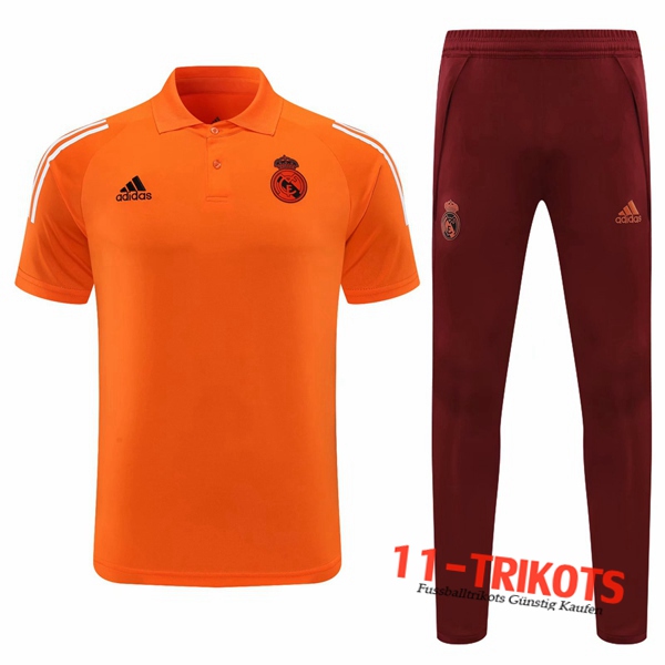 Neuestes Fussball Real Madrid Poloshirt + Hose Orange 2020/2021