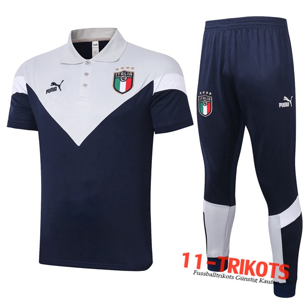 Neuestes Fussball Italien Poloshirt + Hose Grau Weiß 2020/2021 | 11-trikots