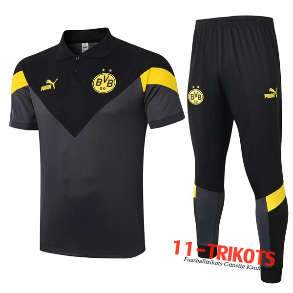 Neuestes Fussball Dortmund BVB Poloshirt + Hose Schwarz Grau 2020/2021 | 11-trikots
